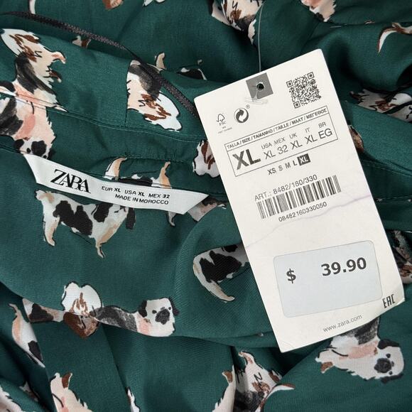Zara Top Womens XL Dog Print Bow Button Blouse Novelty New Green Blogger Fave - Picture 4 of 13